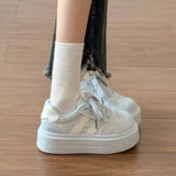 KYLETHOMASW  -  Ladies White Platform Skate Shoes Star Embroidery Thick Bottom Bread Sneakers Silver Tail Lace Up Heighten Casual Walking Shoes