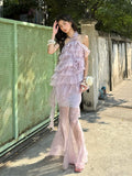 KYLETHOMASW  -  Flowy Flounce Evening Party Gown Fairy Tulle Ruffled Halter Sleeveless Maxi Long Mermaid Dress Women Summer Clothes