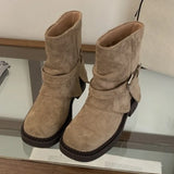 KYLETHOMASW  -  Fashion Metal Buckle Decoration Design Ankle Boots Women High Quality Retro Faux Suede Boots Comfortable Non-Slip Platform Boots