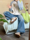 KYLETHOMASW  -  Cartoon Appliques Sweet Preppy Patchwork O Neck Long Sleeve Loose Striped Women's T-shirts