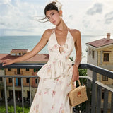 KYLETHOMASW  -  Flower Print 2 Piece Set Woman Halter Low-Neck Bow Decoration Tank Tops+Ruffles Long Skirts Beach Style Elegant Outfits