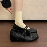 KYLETHOMASW  -  Women Square Toe Rhinestone Mary Janes Cross Strap Buckle Flat Shoes Sweet Vintage Casual Daily Fashion Ladies Walking Pumps