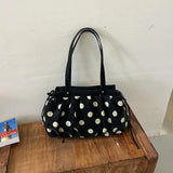 KYLETHOMASW  -  Polka Dot Canvas Tote Bag Pleated Drawstring Design Large Capacity Women Shoulder Bag Casual Daily Shopping Travel Handbag