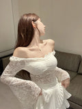 KYLETHOMASW  -  French Dopamine Pure Desire Shoulder Baring Temperament Lace Base Shirt for Women Slim Fit and Slimming Internet Famous Top