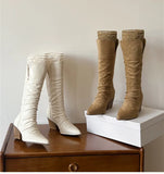 KYLETHOMASW  -  Autumn Winter Fashion Pleated Design Women Knee-High Boots Vintage Faux Suede Lace High heels Western Cowboy Long Booties Shoes