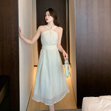 KIylethomasw Beige Chiffon Dress Female Summer Slim Slim Thin Temperament French Senior Sense of Beach Casual Hanging Neck Long Dress