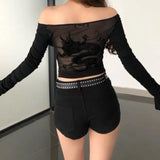 Kylethomasw Y2k Vintage Street Black Dragon Pattern T-shirts Back Sexy See Through Mesh Tees 204 Summer New Long Sleeve Tops Women