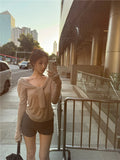 Kylethomasw Khaki Ribbon V-neck Long Sleeve Knitted Sweater Women Korean Style Fashion Slim Knitwear Design Aesthetics Clothes Chic