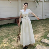 KYLETHOMASW  -  Summer French Style Dress for Women V Neck Short Sleeve Lace Trim Slim Fit Waist A Line Long Dress Elegant Flattering Design