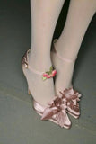 KYLETHOMASW  -  Sweet Blush Pink Satin Pointed-Toe High Heels Ankle Strap Heels Floral Detail Adjustable Buckle Strap Stiletto Heel for Weddings