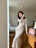 KYLETHOMASW  -  French Vintage Women Beige Elegant Square Neck Fishtail Evening Party Dresses Autumn Long Sleeve Vacation Pleated Wrap Hip Dress