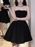 Kylethomasw New Summer Elegant Strapless Short Dress Women High Waist A-line Korean Chic Evening Party Dresses Prom Black One Piece Vestido