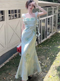 KYLETHOMASW  -  Elegant Satin Print Womans Dresses Summer New Fashion Strap Ruffles Chic A-Line Birthday Party Beach Holiday Vestidos Female