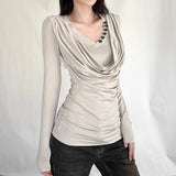 KYLETHOMASW  -  Moda Designed Personalized Europe T-shirt New Long Sleeve V Neck Slim Tops Streetwear Y2K All-match Trendy Soft Ropa Mujer