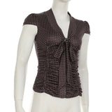 KYLETHOMASW  -  American style light mature V-neck lace up pleated slim fit shoulder T-shirt new polka dot short sleeved top