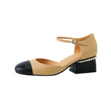KYLETHOMASW  -  Women Sheepskin Leather Pumps Pearls Chunky Heels Shoes Brand Designer Two Tone Buckle Pumps Wedding Party Dressy Shoes