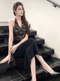 KYLETHOMASW  -  Woman Dress Sexy Halter V Neck Lace Patchwork Elegant Slim Summer Fashion Temperament Party Dresses Backless Club