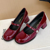 KYLETHOMASW  -  Sweet Round Head Patent Leather Mary Jane Shoes Brand Fashion Design Square Heel Tripping Strap Party Wedding Women Single Shoes