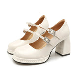 KYLETHOMASW  -  Shallow Mouth High Heel Leather Shoes Slip On Mary Jane Chunky Sandals Increasing Height Clogs for Women Lace-Up Navy Blue Pumps