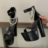 KYLETHOMASW  -  Women Sandals Silver Chain Open Toe Pumps Street Style Chunky Platform Super Square High Heels Zipper Banquet Shoes