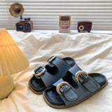 KYLETHOMASW  -  Black Soft Leather PU Flat Sandals Women Fashion Metal Buckle Slide Slippers Summer Light Non-Slip Beach Shoe Sandalias De Mujer