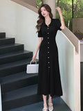 KYLETHOMASW  - Women Black Beige Temperament Split Knit Dress Summer Vintage Single Breasted Robe 2024 Green Office Lady New Elegant Long Dress