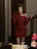 KYLETHOMASW  -  Y2K Knitted Mini Dress Women Streetwear Sexy Off Shoulder Sweater A Line Dresses Christmas Party Korean Bodycon Vestidos