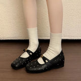KYLETHOMASW  -  Women Square Toe Rhinestone Mary Janes Cross Strap Buckle Flat Shoes Sweet Vintage Casual Daily Fashion Ladies Walking Pumps
