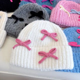 KYLETHOMASW  -  Sweet Hot Girl Bow Knitted Hat for Women's Autumn and Winter Cute Thick and Warm Skullies & Beanies Female Trendy Accessories