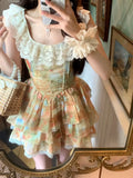 KYLETHOMASW  -  2025 Western Sweet Floral Slimming Bow Dress Women Waist Cinching Slimming Princess Fluffy Temperament Short Vestidos