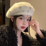 KYLETHOMASW  -  K-pop Girls Group  Rhinestone Rabbit Hair Beret Women's Autumn/Winter Plush White Knitted Beret Fashion FemaleTrendy Accessories