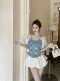 KYLETHOMASW  -  New Heavy-industrial Denim Design Three-dimensional Embroidered Sweet Suspender Slim Top