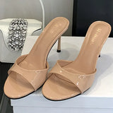 KYLETHOMASW  -  Fashion Thin High Heeled Slippers Women Sexy Round Toe Open Toe Patent Leather Slide Sandals Summer Elegant High Heels Sandalias