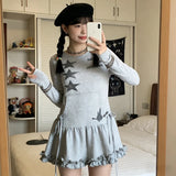 KYLETHOMASW  -  Y2K Aesthetic Women's Sweatshirt Dress Gray Star Rabbit Print Drawstring Ruffle Hem Long Sleeve Casual Dress 2000s E-girls