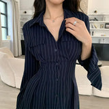 KYLETHOMASW  -  Office Siren Style Set Women's Summer Slim Striped Shirt Dress High Waist Shorts Two-piece Set Fashion Female Clothes