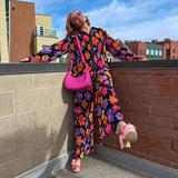 KYLETHOMASW  -  Y2K Graphic Print Long Sleeve Shirt Blouse + Wide Leg Pants Chic Women Two Piece Set Vintage Streetwear Boho Holiday Outfits