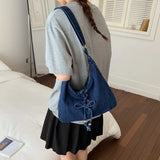 KYLETHOMASW  -  Denim Cloth Bag for Women New Fashionable Lace Up Large Capacity Crossbody Niche Single Shoulder Commuting Bags