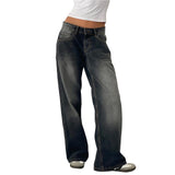 KYLETHOMASW  -  Spring and Autumn Solid Color Loose Jeans Women's Low-rise Wide-leg Pants Multi-Pocket Street Style Washed Jeans American Retro