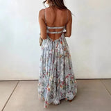 KYLETHOMASW  -  Elegant Sleeveless Hollow Out Pleat Dress Summer New High Waist Backless Evening Dress Sexy Low Cut Halter Floral Printed Dress
