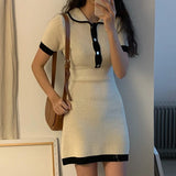 KYLETHOMASW  -  Turn Down Collar Knitted Dress Women Short Sleeve Mini Dress High Waist Dresses Korean Elegant Office Lady Bodycon Vestidos N324