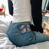 KYLETHOMASW  -  Cutout Butterfly Embroidered Jeans Woman Vintage High Waist Baggy Straight Denim Pants Fashion Street Sexy Denim Trouser