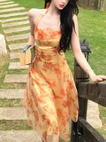 KYLETHOMASW  -  Elegant and Chic Women Fashion Floral Dress Halter Sleeveless Bodycon Slim Casual Beach Holiday Clothes Female Vestidos New Robe
