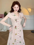 KYLETHOMASW  -  French Single Breasted Pink Long Dresses Women V Neck Short Sleeve A Line Dress Summer Chic Floral Print Vestidos 389A
