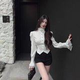 KYLETHOMASW  -  Court Lace Flower Flare Sleeve Crop Top Minority Short Stand Collar Slim Waist French Style Blouses Ins Korea Chic Casual Blusas