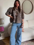 Kylethomasw Summer Casual Loose Puff Short Sleeves Tops for Woman Chic Leopard Printed Lace Up Round Neck T-shirt Female Blouse Top