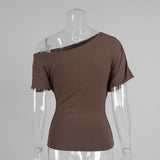 KYLETHOMASW  -  summer new style sloping shoulder off-shoulder T-shirt asymmetric pleated pure color short sleeve