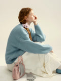 Kylethomasw Blue Sheep Pattern Ribbed Sweater Bow Graphic Long Sleeve Knitwear Oversized Korean Fashion Winter Cutecore Pullovers