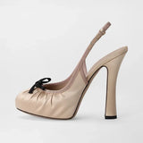 KYLETHOMASW  -  New Women's Beige/Black Satin Slingback Pumps Bowknot Decor Round Toe Platform Block High Heel Fashion Party Evening Shoes