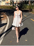 KYLETHOMASW  -  New Cream Pink Floral Halter Corset Mini Dress Lace Up Back Bow Tie Sweetheart Neck Ruffle Hem Lolita Fashion Dresses