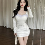 KYLETHOMASW  -  Sweet Hot Girl Retro Fur Patchwork Dress Women's Autumn/Winter Square Collar Ruffled Tight Wrap Hip Dress Fashion Female Clothes
